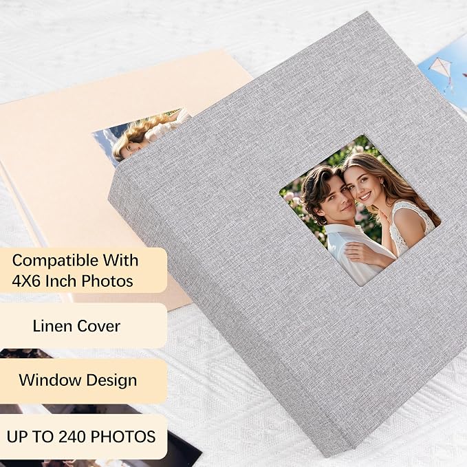 4x6 Photo Album Holds 240 Photos Writing Space, Linen Cover, Grey | Clear Acid-Free Sleeves, Memo Writing Areas, Front Display Window, Baby, Wedding, Travel & Family Picture Keepsakes - Image 3