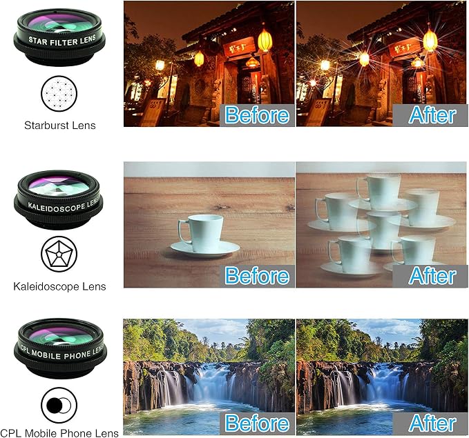 Cell Phone Camera Lens Kit,11 in 1 Universal 20x Telephoto 0.63Wide Angle 15X Macro 198°Fisheye 2X Telephoto Kaleidoscope CPL Starlight Eyemask Tripod,for Most iPhone Smartphone (Black) - Image 6