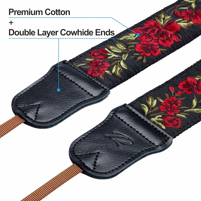 Padwa Lifestyle Rose Flower Camera Strap - 2" Wide Double Layer Cowhide Head,Pure Cotton Embroidery Camera Shoulder Straps,Adjustable Camera Neck Strap for All DSLR Cameras, Gifts for Photographers - Image 2