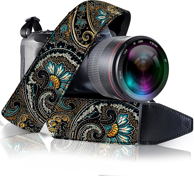 Art Tribute Camera Strap - Shoulder, Crossbody & Neck Camera Strap for Photographers, Fits All Cameras, Canon Nikon Sony Fujifilm, Padded Strap W/Quick Release, Embroidered Cotton & Leather Ends by ArtTribute