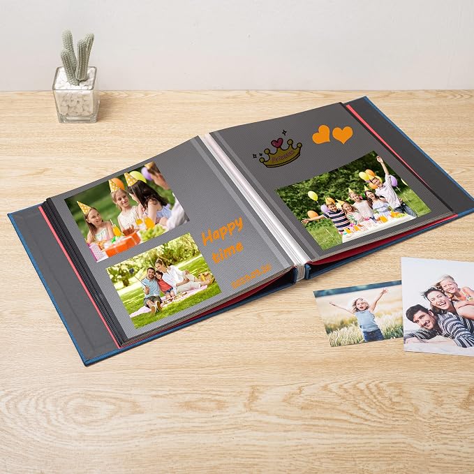 Photo Album Self Adhesive Scrapbook 3x5 4x6 5x7 6x8 Magnetic Album DIY Scrap Book 11x10.6 Inch 40 Black Sticky Pages Linen Cover DIY Photo Album(Blue) - Image 3