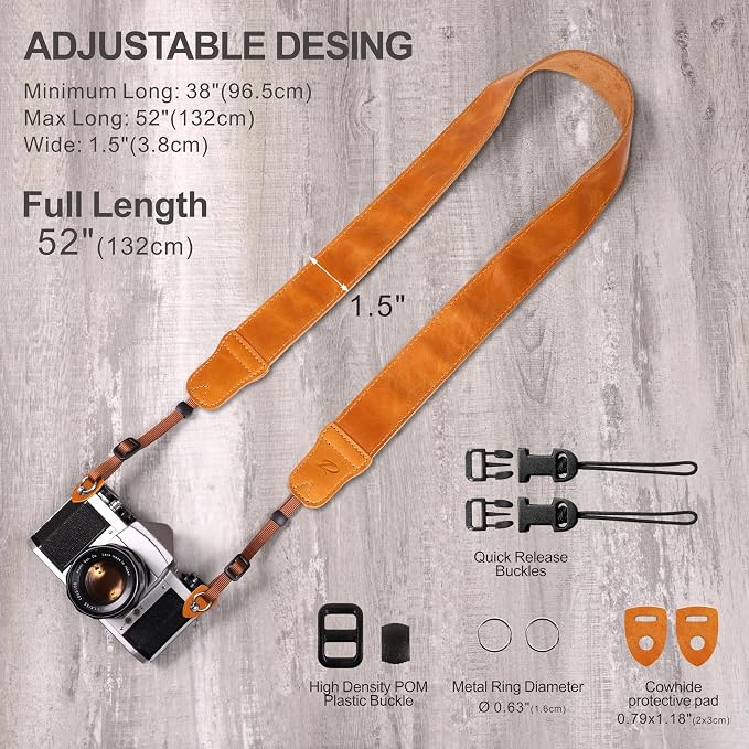 Padwa Lifestyle Caramel Yellow Leather Camera Strap - 1.5" Soft Full Grain Cowhide Camera Straps for Photographers, Soft Suede Fabric Padded Leather Strap with Quick Release fits All Cameras - Image 6