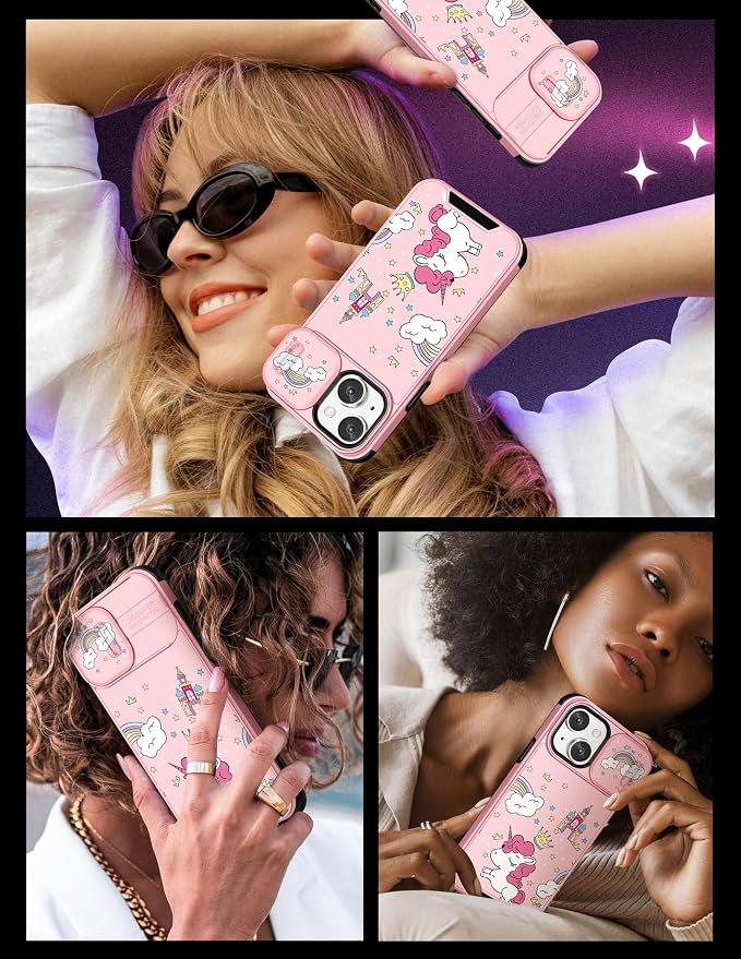 (2in1 for iPhone 14 Case for Women Kawaii Cartoon Girly Phone Cover Cute Unique Design with Slide Camera Cover Protective Rainbow Cases for iPhone14 6.1 inch - Image 6