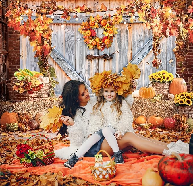 Fall Photo Backdrops for Photography, Thanksgiving Decorations 8x6ft | Vinyl Autumn Background for Photoshoot, Orange Pumpkin Maple Leaves, for Outdoor Party, Friendsgiving Decor - Image 2