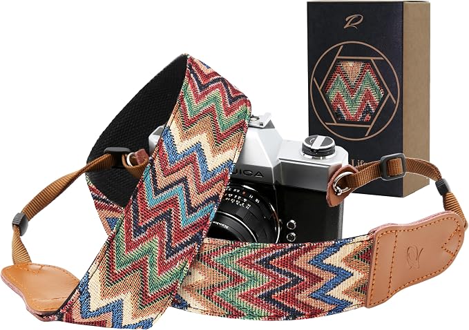 Padwa Lifestyle Camera Strap - 2" Cowhide Head Camera Straps for Photographers,Vintage Jacquard Embroidery Woven Cotton Adjustable Shoulder Neck Straps for Cameras,Binoculars（Cool Ethnic Style Waves） by PadwaLifestyleCameraStrap