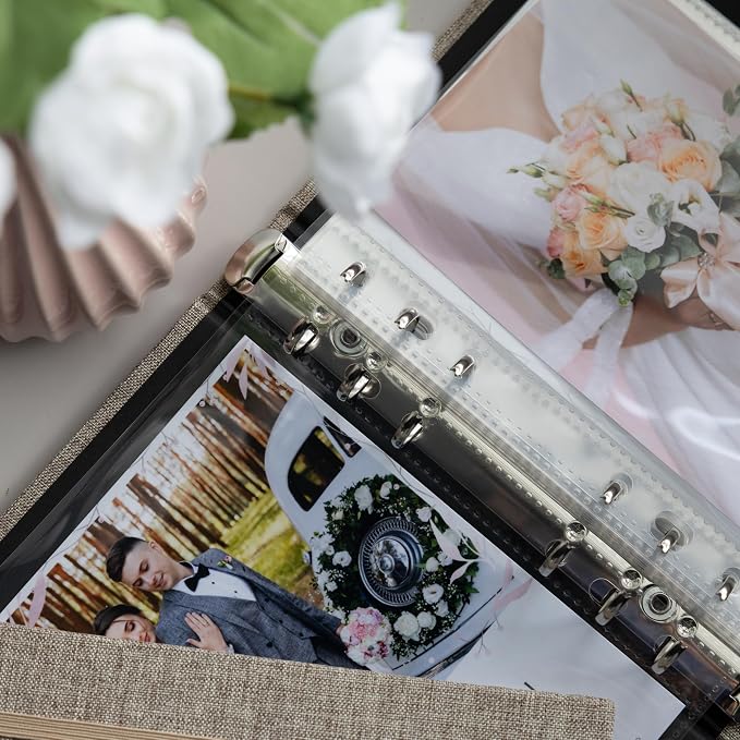 Photo Album For 2X6 Photo Booth Slip In Strips And 4X6 Pictures - 6 Ring Notebook Binder With 20 2 By 6 Sleeves - Fits 80 Photobooth Prints (FLAX BEIGE - LINEN HARDCOVER, 4X6) - Image 2