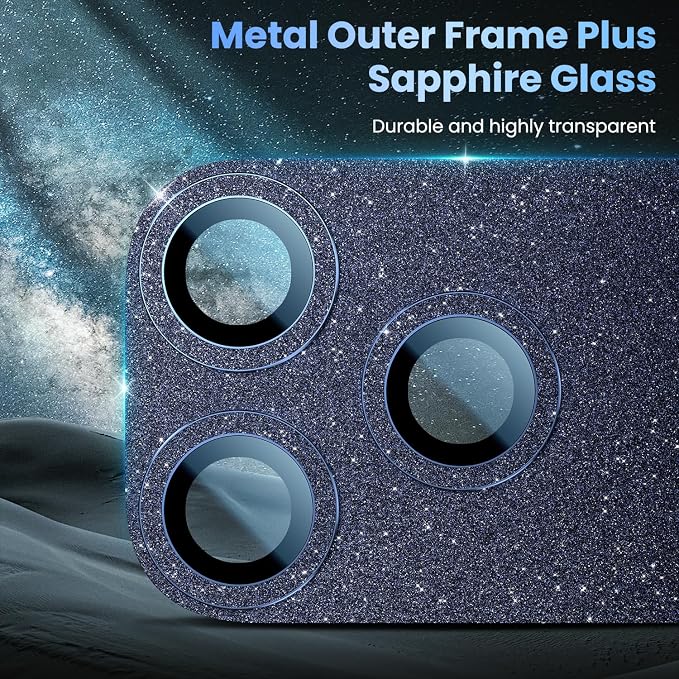 Uyiton for iPhone 17 Pro Max Camera Lens Protector, Metal Frame Glass Cover | Not Easy to Break, Strong Adsorption, Case-Friendly, Metal 9H Sapphire Glass Rear Camera Screen Cover, Glitter Blue - Image 4