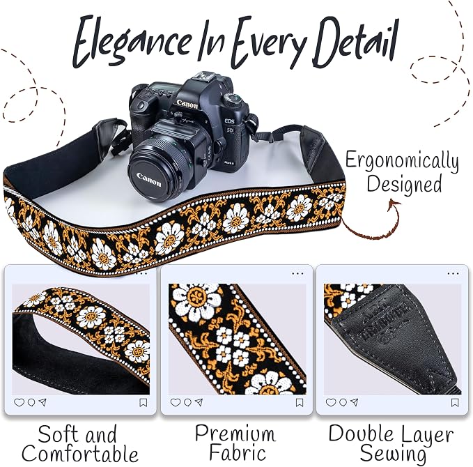 Art Tribute Camera Strap - Shoulder, Crossbody & Neck Camera Strap for Photographers, Fits All Cameras, Canon Nikon Sony Fujifilm, Padded Strap W/Quick Release, Embroidered Cotton & Leather Ends - Image 3