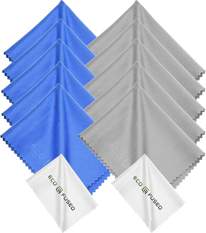 Eco-Fused Microfiber Cleaning Cloths - 10 Colorful Cloths and 2 White Cloths - Ideal for Cleaning Glasses, Spectacles, Camera Lenses, iPad, Tablets, Phones, LCD Screens (Blue/Grey) by Eco-Fused