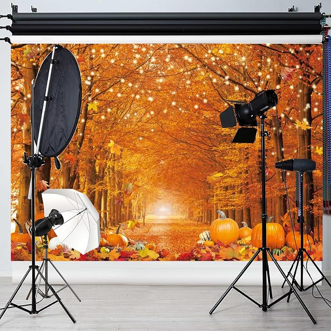 7x5FT Polyester Fall Autumn Photo Backdrop for Photography Autumn Forest Scenery Maple Leaves Pumpkins Background Fall Thanksgiving Day Friendsgiving Party Decorations Fabric - Image 2
