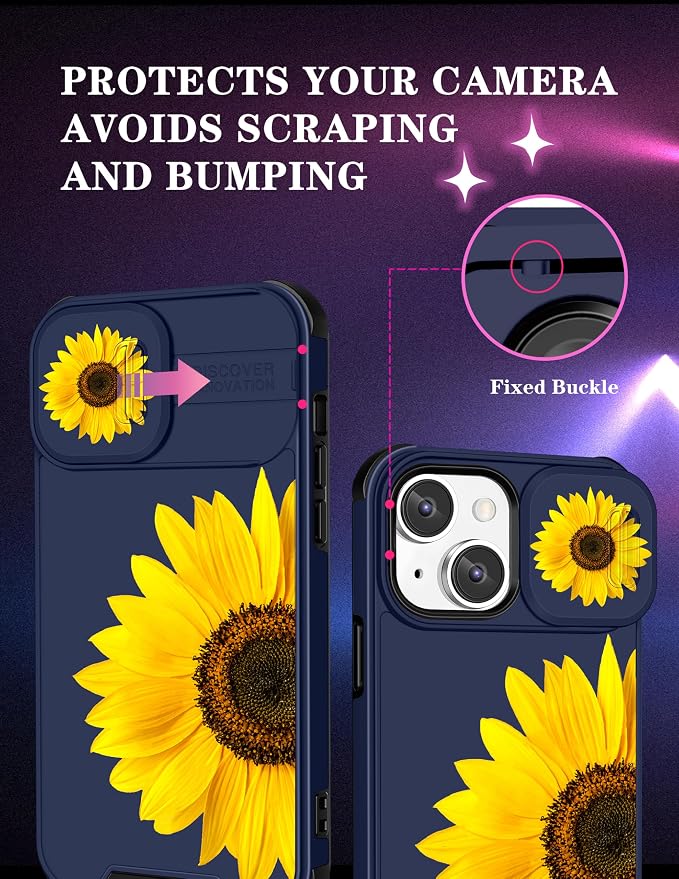 Case for iPhone 12 6.1'' Unique Blue Phone Cover | 2in1, Sunflower Floral, for Women Girls, Girly, Cute Flowers Design, with Slide Camera Cover, Protective, Cases, for iPhone12 - Image 3