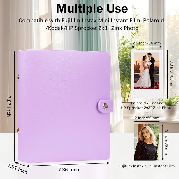 Veicevol 320-Pockets Album for Instax Mini & Polaroid 2x3 in Photos, Purple | Designed for Fujifilm Instax Mini and Polaroid 2x3 Photos, PU Leather Cover with Snap Closure Holds Up to 320 Photos Securely - Image 2