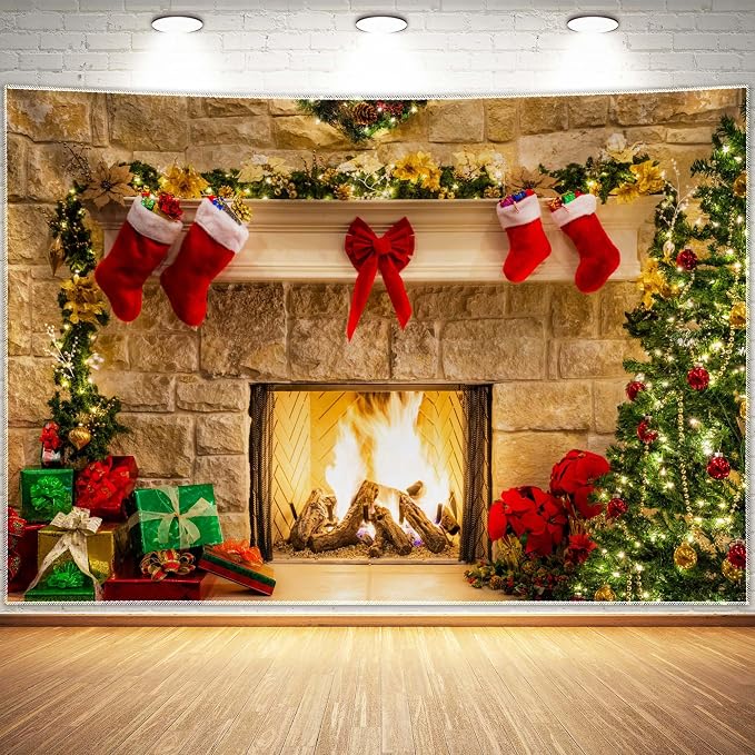 12x8ft Christmas Fireplace Theme Backdrop for Photography | PolyesFabric-Tree Sock Decorations,Xmas Party Supplies,Studio Decor Booth Props,Photo Background Pictures,Wrinkle Free by Haboke