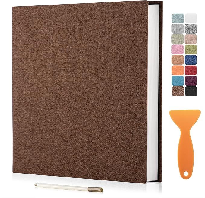 Large Photo Album Scrapbook – Holds 4x6, 8x10 Pictures – Self-Adhesive Pages for Baby, Wedding, Travel & Family Memories | Includes Metallic Pen & Scraper/Brown Large DIY Memory Book for Gifts by HoneyTolly
