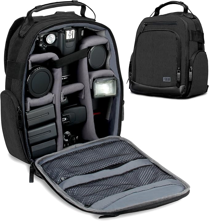 USA Gear Portable Camera Backpack for DSLR with Customizable Accessory Dividers, Weather Resistant Bottom and Comfortable Back Support - Compatible with Canon, Nikon, Sony, Fujifilm, and More (Black) by USAGEAR