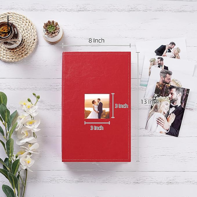 potricher Small Photo Album 4x6 300 Photos, Leather Cover, Red | Leather 4x6 Picture Album with 300 Horizontal Pockets, Photo Book for Family, Wedding, Anniversary, and Baby - Image 2