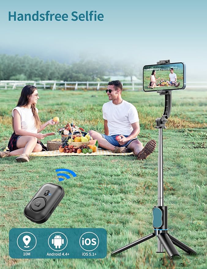 Selfie Stick, 41'' Extendable Phone Tripod Stand with Phone Holder & Detachable Remote, 360° Rotation Selfie Stick Tripod for Cell Phone Compatible with iPhone, Android, Samsung - Image 2