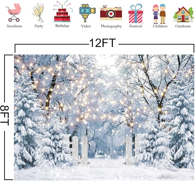 12x8FT Blue Winter Forest Scene Photography Backdrop Wonderland Snowflake Landscape Background for Christmas Xmax Family Holiday Party Decorations Supplies Banner Picture Photo Studio Props - Image 4