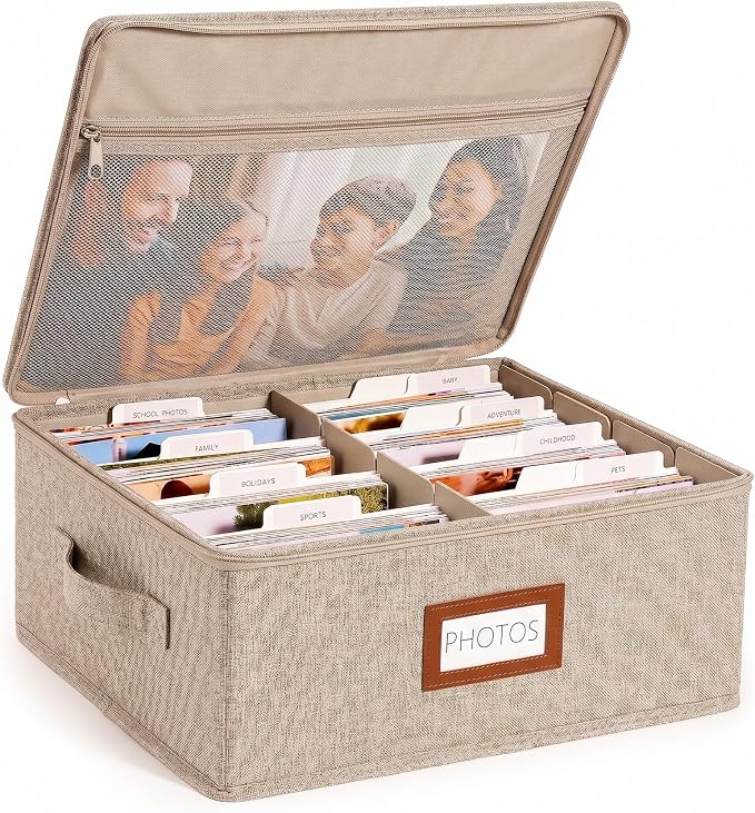 HULISEN Photo Storage Box, Photo Organizer for 2000 4x6 Pictures, Brown | Linen Keepsake Box with Zipper Lid, 8 Dividers, Label Cards Included, Mesh Pocket for Larger Prints, Family Memory Storage by HULISEN
