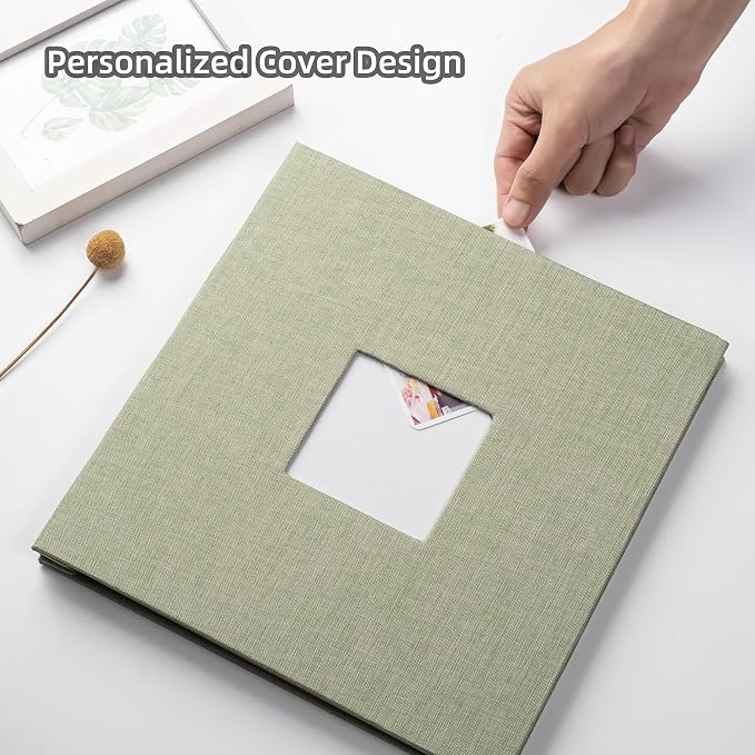 Large Photo Album Self Adhesive with Picture Display Window, DIY Scrapbook Album for 4x6 8x10 Pictures, 40 Pages Linen Cover Memory Book with Scraper and Metallic Pen(Grass Green) - Image 2
