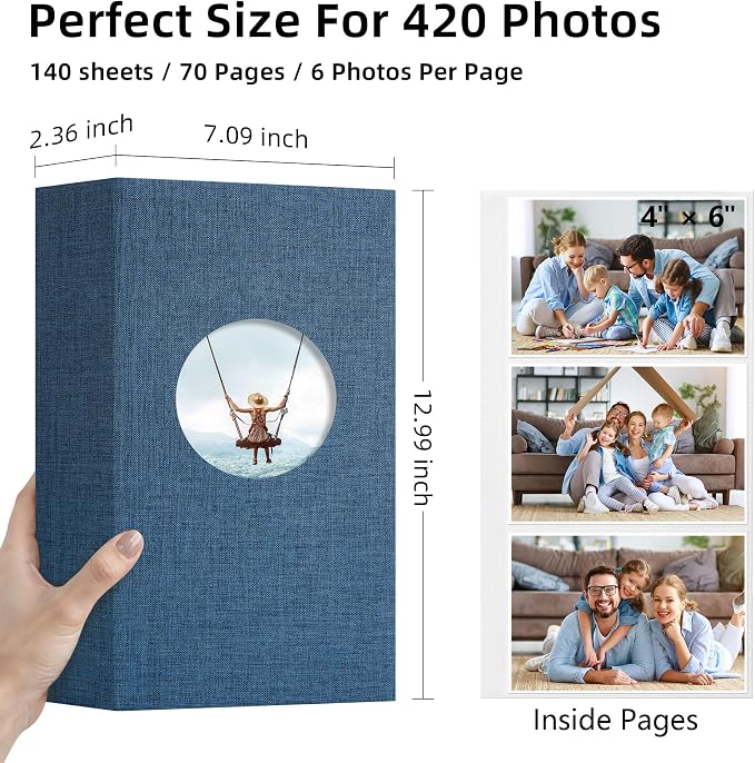 Vienrose Photo Album 4x6 Photos 420 Pockets Linen Cover Slip-in Photo Book with Round Window for Wedding, Vacation Memories, Personalized Picture Organizer, Blue - Image 2