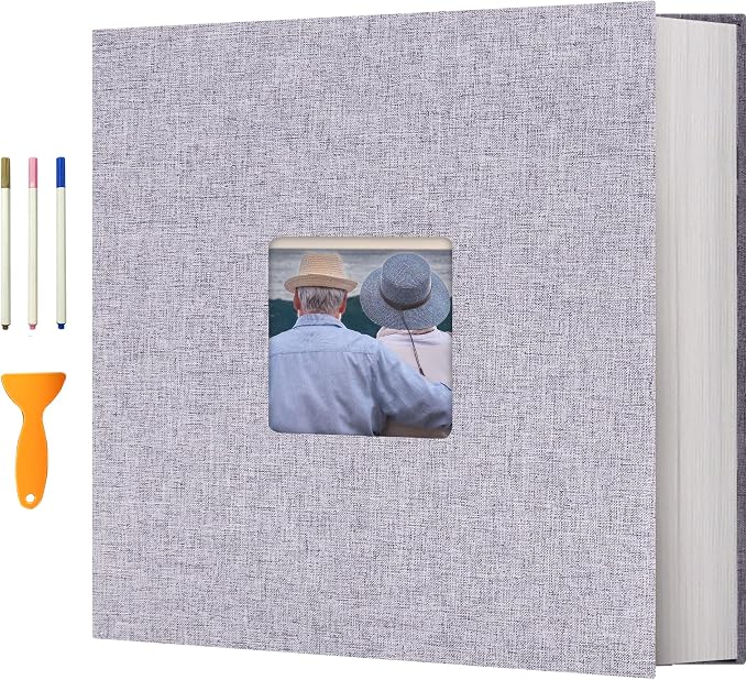 Vienrose Photo Album with Window Self Adhesive 13x12.6 120 Pages Light Grey | Linen Cover, Scrapbook, Holds 600 Photos, Fits 4X6 8X10 Pictures, Metallic Pen by Vienrose