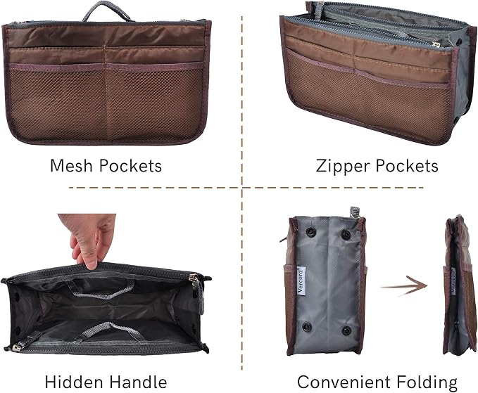 Vercord Purse Organizer Insert for Handbags Bag Organizers Inside Tote Pocketbook Women Nurse Nylon 13 Pockets Coffee Small - Image 4