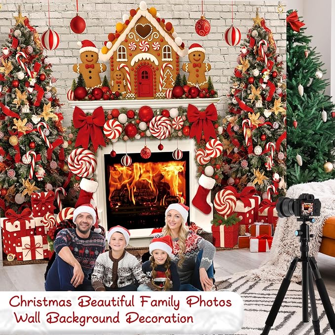 Peryiter Christmas Backdrop for Photography Xmas Tree Stocking Candy Gift Polyester Background Decoration Party Backdrop for Home Decoration Photo Studio Props(10x8 ft,Gingerbread House) - Image 7