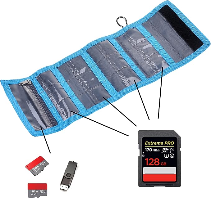 Memory Card Wallet - SD Card Storage - Slim and Foldable with Transparent Slots - Can Carry Up to 15 SD Cards - Straps with Tether Included - (Black/Blue) - Image 5