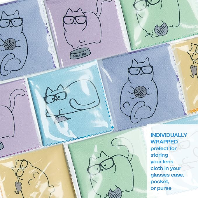 10 Pack Cute Kitty Cat Design Multicolor Microfiber Cleaning Cloths for Cleaning Eyeglasses Lenses Sunglasses and Cell Phone Beautifully Designer Colors Blue Pink Yellow Purple Green Cloth Wipes - Image 4