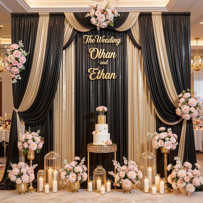 20ft x 10ft Champagne Black Sequin Backdrop Curtain for Parties, Wrinkle Free Glitter Photo Backdrop Drapes 4 Panels 5x10ft Back Drop Cloth for Wedding Photography Background - Image 2