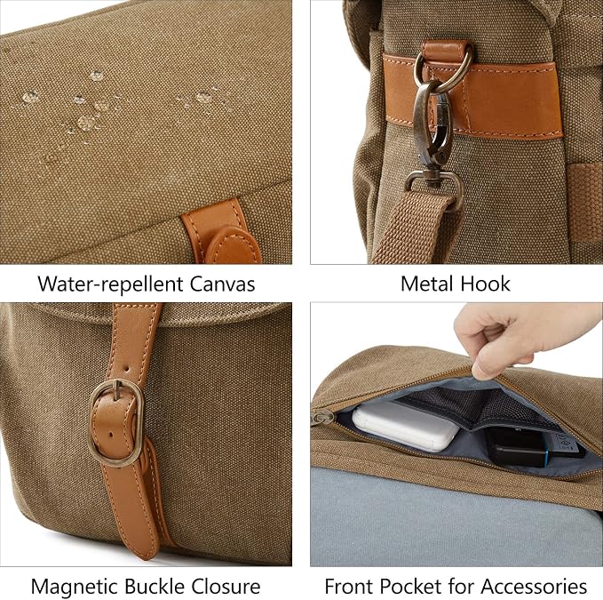 BAGSMART Canvas Crossbody Camera Bag with Rain Cover for Women Men, Khaki | SLR DSLR Camera Case, Compact Camera Shoulder Bag - Image 4