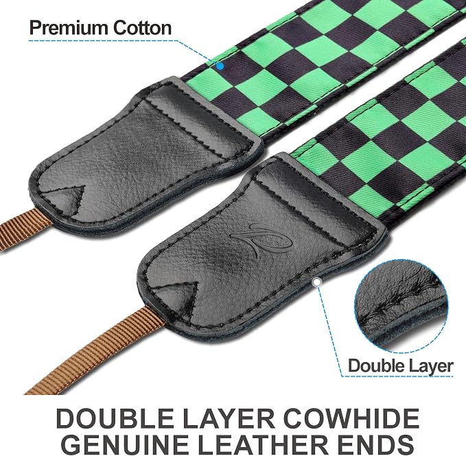 Padwa Lifestyle Green Black Plaid Camera Strap - 2" Wide Double Layer Cowhide Head,Cotton Camera Straps for Photographers,Grid Pattern Adjustable Camera Shoulder Neck Strap for All DSLR Cameras - Image 2