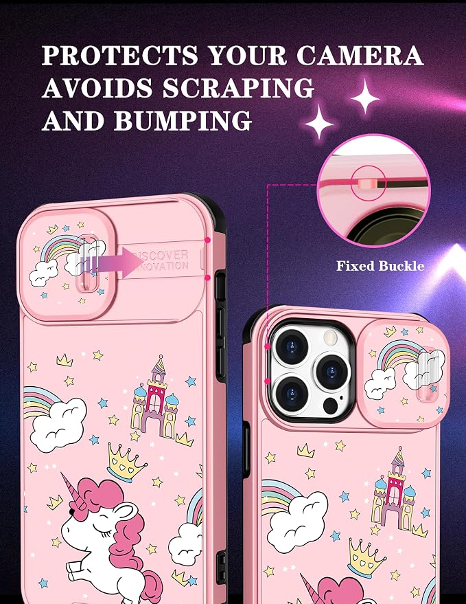 (2in1 for iPhone 12 Pro Max Case for Cartoon Kawaii Unicorn Rainbow Girly Phone Cover Cute Unique Design with Slide Camera Cover Protective Pink Cases for iPhone 12 ProMax 6.7'' - Image 3
