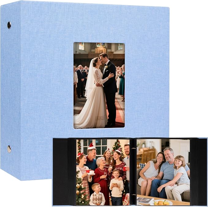 Aevdor Large Capacity 8x10 Photo Album, 200 Photos, Linen Cover, Blue | Black Inner Pages, Vertical 8x10 Layout, Clear Pockets for Photos, Artwork, Postcards & Drawings by Aevdor