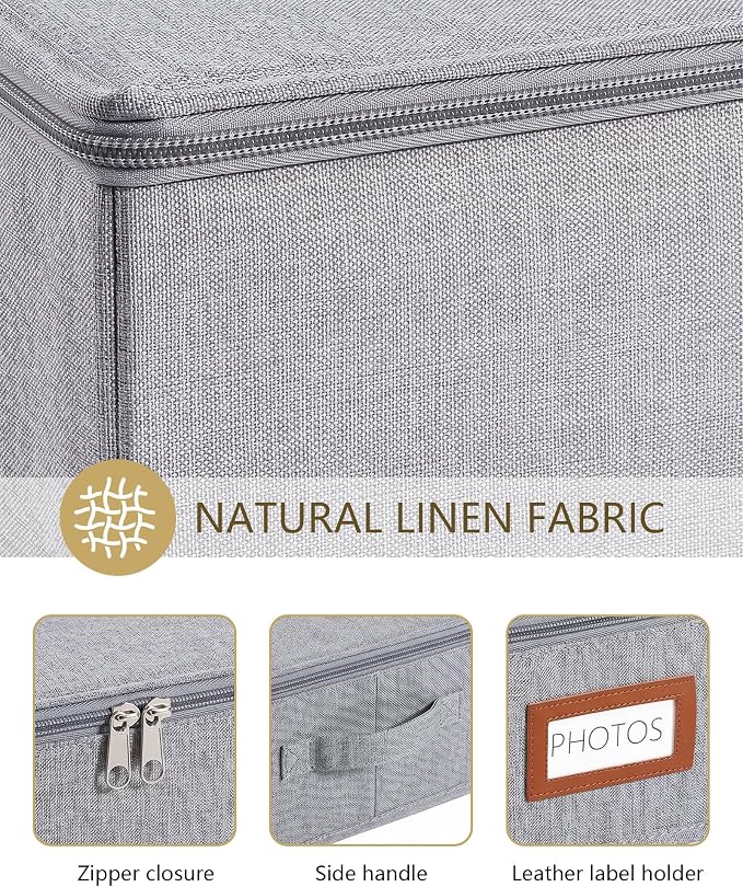 HULISEN Photo Storage Box, Photo Organizer for 2000 4x6 Pictures, Grey | Linen Keepsake Box with Zipper Lid, 8 Dividers, Label Cards Included, Mesh Pocket for Larger Prints, Family Memory Storage - Image 5