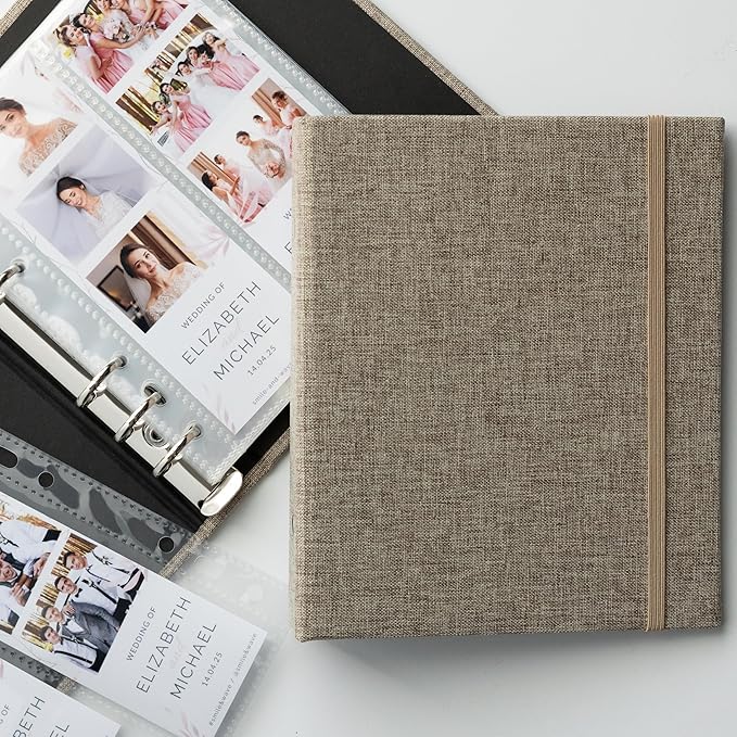 Photo Album For 2X6 Photo Booth Slip In Strips And 4X6 Pictures - 6 Ring Notebook Binder With 20 2 By 6 Sleeves - Fits 80 Photobooth Prints (FLAX BEIGE - LINEN HARDCOVER, 2X6) by SMILEWAVE