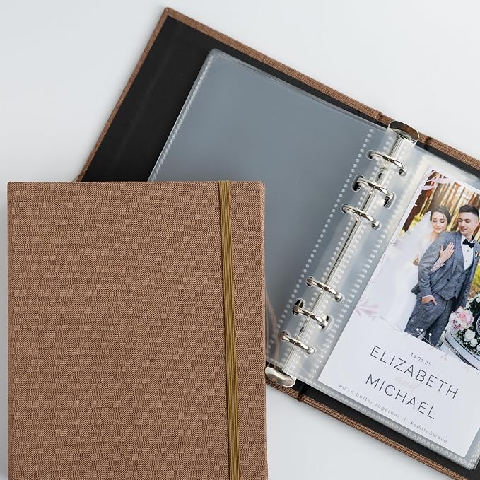 Photo Album For 2X6 Photo Booth Slip In Strips And 4X6 Pictures - 6 Ring Notebook Binder With 20 2 By 6 Sleeves - Fits 80 Photobooth Prints (UMBER BROWN - LINEN HARDCOVER, 4X6) - Image 3
