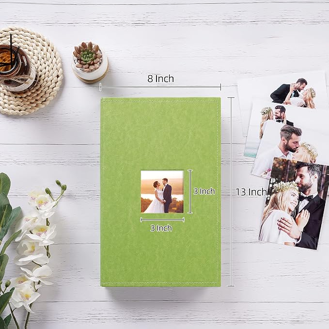 potricher Small Photo Album 4x6 300 Photos, Leather Cover, Green | Leather 4x6 Picture Album with 300 Horizontal Pockets, Photo Book for Family, Wedding, Anniversary, and Baby - Image 2