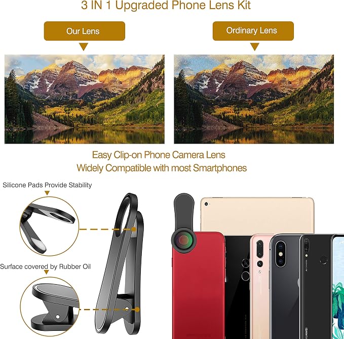 Phone Camera Lens,Upgraded 3 in 1 Phone Lens kit-198° Fisheye Lens + Macro Lens + 120° Wide Angle Lens,Clip on Cell Phone Lens Kit Compatible with Samsung Android Smartphones - Image 2