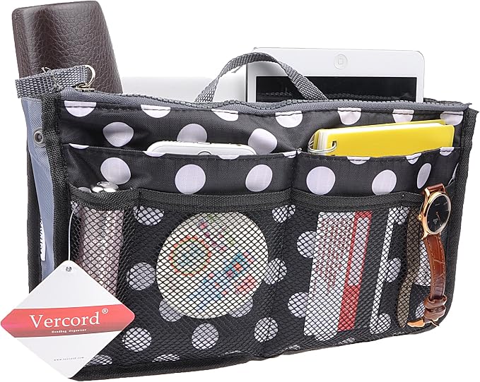 Vercord Purse Organizer Insert for Handbags Bag Organizers Inside Tote Pocketbook Women Nurse Nylon 13 Pockets Black Dots Large - Image 2
