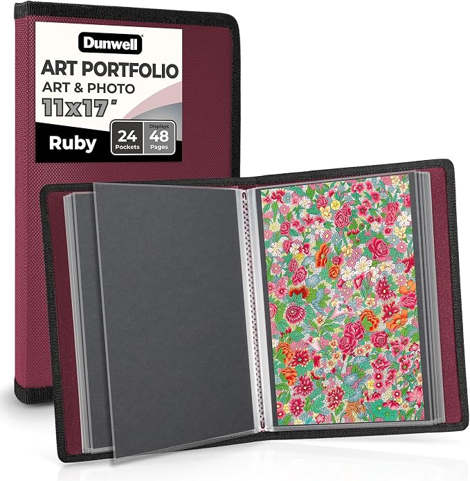 Dunwell 11x17 Art Portfolio Binder, 24-Sleeve, Black Mounting Paper, Black | 24 Clear Sleeves, Displays 48 Pages, Black Mounting Paper Included, Artwork Storage, Acid-Free Poly Protection by Dunwell