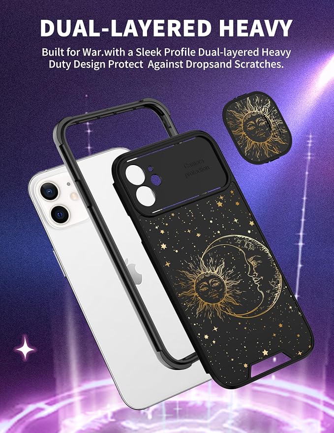 (2in1 for iPhone 11 Case Sun Moon Stars for Women Cute Space Phone Cover Fashion Golden Star Print Design with Slide Camera Cover Protective Case for iPhone 11 6.1'' - Image 5