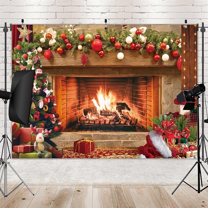 8x6ft Polyester Fabric Christmas Fireplace Backdrop Vintage Xmas Tree Sock Background Photography for Kids Portrait Party Decorations Photo Studio Booth Props Decor Supplies - Image 5