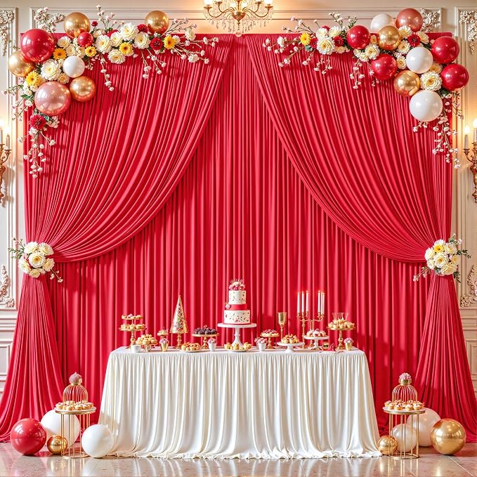8ftx10ft Wrinkle Free Red Backdrop Curtain - 10 Feet Photography Backdrop Drapes, Silky Polyester Back Drop Cloth for Wedding Baby Shower Balloon Arch Background - Image 2