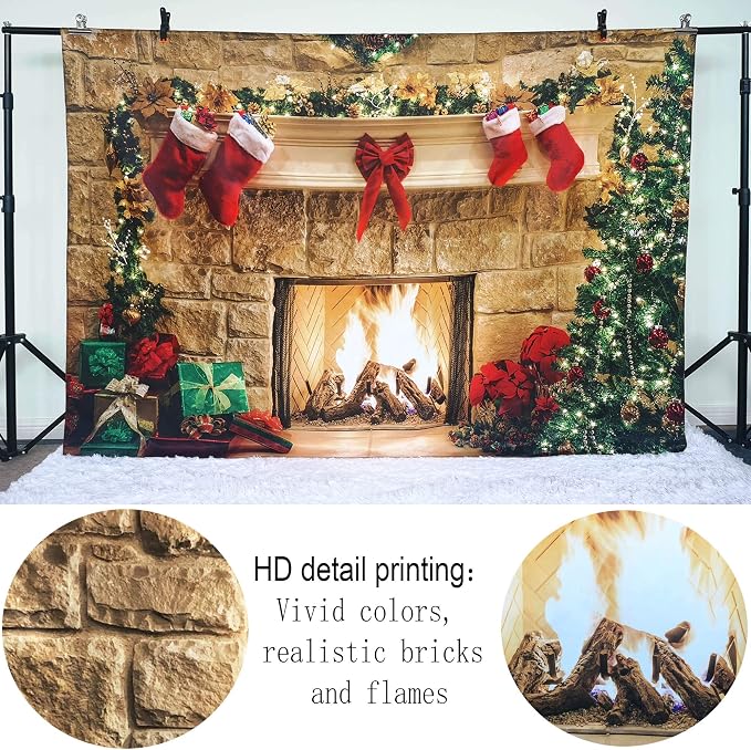 7x5ft Christmas Fireplace Theme Backdrop for Photography | PolyesFabric-Tree Sock Decorations,Xmas Party Supplies,Studio Decor Booth Props,Photo Background Pictures,Wrinkle Free - Image 6