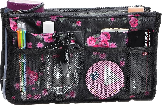 Vercord Purse Organizer Insert for Handbags Bag Organizers Inside Tote Pocketbook Women Nurse Nylon 13 Pockets Black Red Flower Large - Image 2