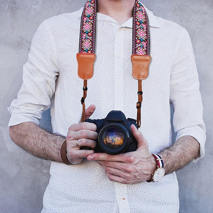 Padwa Lifestyle Pink Vintage Embroidered Camera Strap - 2" Wide Cowhide Head Camera Straps,Cotton Woven Adjustable Shoulder & Neck Strap for All DSLR Cameras,Great Gift for Men&Women Photographers - Image 4
