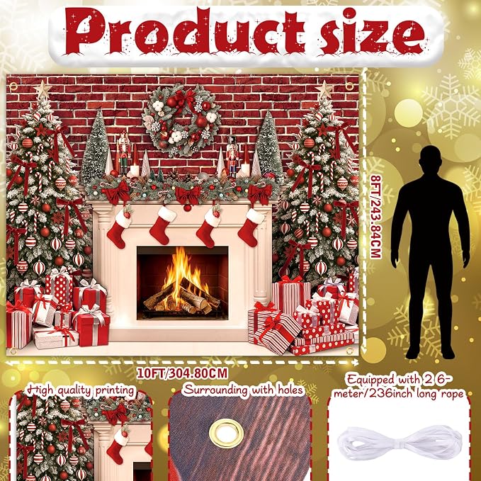 Peryiter Christmas Backdrop for Photography Xmas Tree Stocking Candy Gift Polyester Background Decoration Party Backdrop for Home Decoration Photo Studio Props(10x8 ft,Fireplace) - Image 2