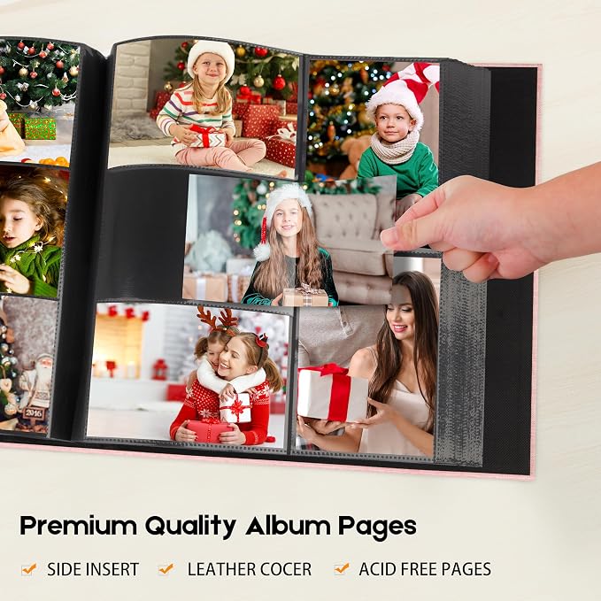 Aevdor Large Capacity 4x6 Photo Album, 1000 Photos, Linen Cover, Pink | 3 Horizontal + 2 Vertical per Side, Acid-Free Black Inner Pages, Front Display Window, Family, Wedding & Everyday Photos - Image 4